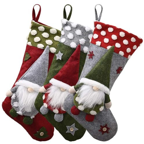 Submarine Nikolausstiefel zum Befüllen, Weihnachten Wichtel Plüsch Glückliche GNOME Stickerei Nikolaussocken Große Weihnachtsstrümpfe Hängend Nikolausstrümpfe Weihnachtsdeko (3er Set)