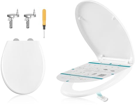 SONGMICS Toilettendeckel O-Form, WC-Sitz mit Absenkautomatik, Griff, Toilettensitz schnell abnehmbar, Klodeckel einfache Montage, WC-Deckel Urea-Duroplast, bis 300 kg belastbar, weiß BTL101WZ01
