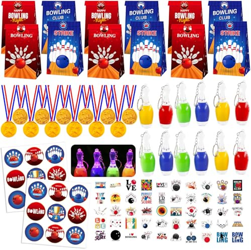 Meanju 104 Stück Bowling Mitgebsel Kindergeburtstag Medaillen Bowling Bowlingkugel Schlüsselanhänger Mitgebsel Tüten Sticker Geschenktüten Kinder Mädchen Jungen Geburtstag Deko Party Give Aways
