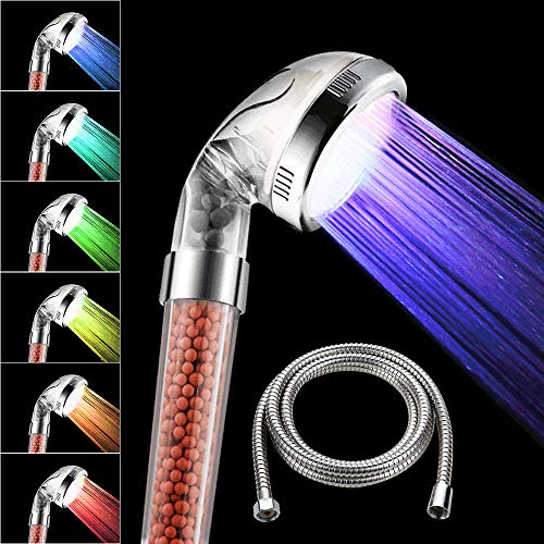 MEISO Duschkopf mit Schlauch, 7 Farbwechsel Duschkopf mit LED-Druck, Wassersparer, Temperaturregler, Wasserenthärter