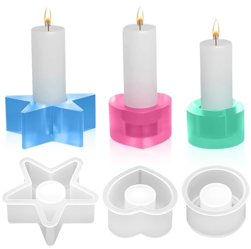 TOPJOWGA Silikonformen GießFormen, 3 Stück 3D Silikonform Kerzenhalter, Silikon-Gießform Kerzenhalter, Silikonform Kerzenhalter Kerzen, Herz Rund Sterne DIY Silikon Kerzenhalter TP501