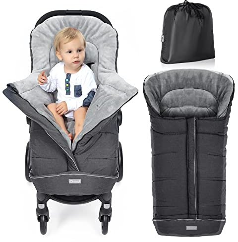 Orzbow Universal-Fußsack für Kinderwagen, Fußsack, wasserdicht, Innenfutter aus warmem Korallensamt, reflektierende Streifen, Reißverschluss & rutschfest, Dunkelgrau