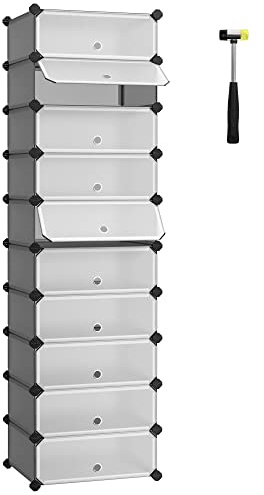 SONGMICS Schuhregal, Steckregal, Regalsystem, Schuh-Organizer, DIY-Regal, mit Tür, aus PP-Kunststoff, 10 Ebenen, grau LPC010G01