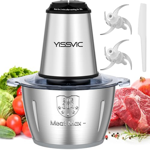 YISSVIC Zerkleinerer Küche Elektrisch 500W 2L Edelstahlschüssel Multizerkleinerer mit 8 Klingen 2 Geschwindigkeiten für Obst/Gemüse/Fleisch