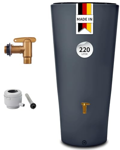 4rain Vaso 2in1 Regentonne 220 Liter Graphite Grey inkl. Kunststoff-Auslaufhahn und Fallrohranschluss - schlanke Regentonne für den Garten - modernes Design mit Pflanzschale und klarer Gestaltung