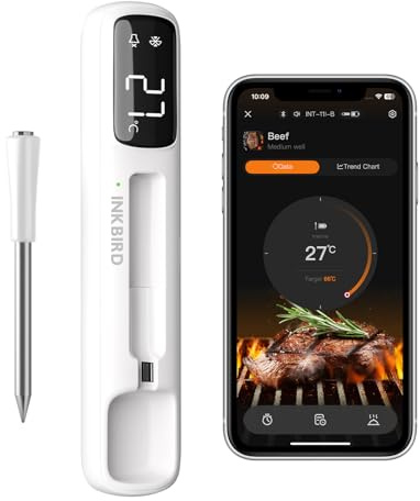 Inkbird INT-11I-B Mini Fleischthermometer kabelloses, LCD-Display Grillthermometer, Bluetooth 5.4 mit 305 m Reichweite, IP67 wasserdicht Bratenthermometer für Backofen Grill Smoker Airfryer Ofen