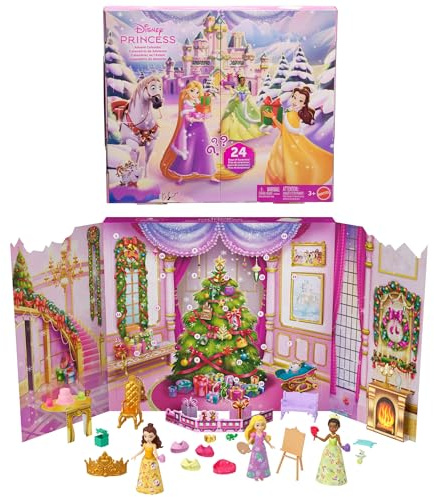 Mattel Disney Princess Adventskalender mit Rapunzel, Tiana und Belle Puppen | 24 Tage voller Überraschungen: 3 kleine Puppen in Winterlooks, 3 Figuren, 6 Outfits und 16 Accessoires, JFG79