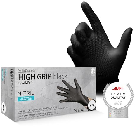 AMPRI High Grip Einmalhandschuh aus Nitril, 100 Stück/Box, Größe XXL, schwarz, SolidSafety: extra griffigen und chemikalienbeständigen Arbeitsschutzhandschuh aus in den Größen S, M, L, XL, XXL