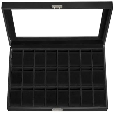 SONGMICS Uhrenbox, abschließbarer Uhrenkasten, Uhrenkoffer, Organizer für Uhren, mit 24 Fächern, Glasdeckel, Geschenk für die Liebsten, PU-Bezug in Schwarz, Samtfutter in Schwarz JWB024B02