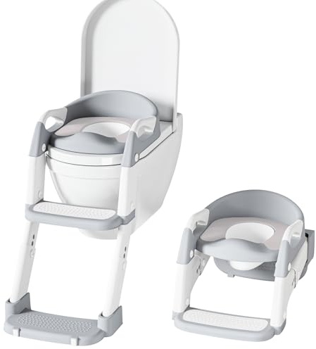 Toilettensitz Kinder mit Treppe, 2-in-1 Toilettentrainer für Kinder, WC Sitz mit PU Gepolsterter, Höhenverstellbar und Faltbar, Rutschfest mit Spritzschutz Toilettenaufsatz Kinder