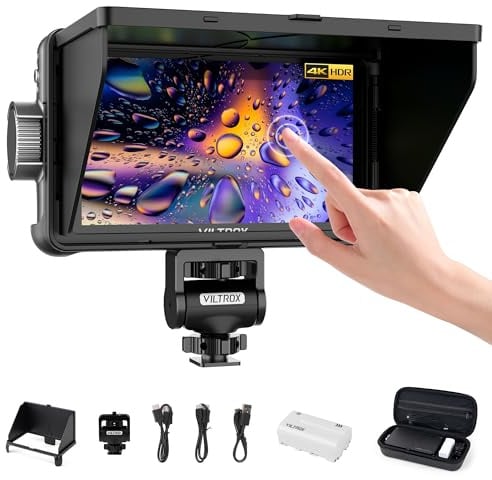 VILTROX DC-550 Touchscreen DSLR Kamera Monitor 1200 Nits Hoch Hell 3D LUT HDR 4K HDMI In and Out 5,5 Kamera Field Monitor mit Sonnenschutz Haube und Akku Exposition Fokusassistent Wellenform Monitor