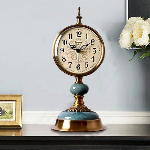 IDAMAKON Vintage Tischuhr, Vintage Messing Standuhr, Antike Metall Schreibtischuhr batteriebetrieben, Antike Stille Uhr, Tischuhr aus Messing für Wohnzimmer, Regal, Kamin, Büro