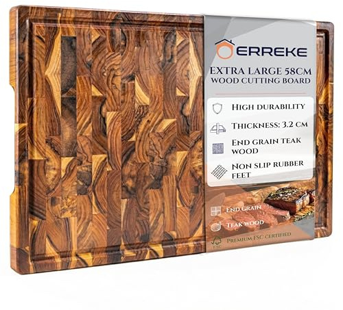 Erreke Schneidebrett Holz, End Grain Teakholz 58x38x3.2 cm, Holzbrett Küche mit Auffangschale, Anti-Rutsch-Füße, Schneidebrett Holz Gross Hirnholz Servieren Käse Brot Hackbretter