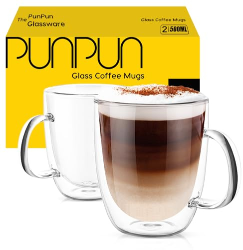 PunPun Große Klare Kaffeetassen 2Er-Set, Doppelwandige Isolierte Glasbecher Mit Jumbo-Bechern, Bleifreie, Einzigartige Kaffeetassen Aus Glas Je 500 Ml …