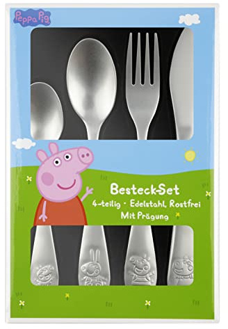 Peppa Wutz Kinderbesteck Set 4-teilig - Edelstahl rostfrei mit Messer, Gabel, Suppenlöffel und Dessertlöffel - geprägtes Peppa Motiv, silber - Kinder Besteck, Esslern-Besteck