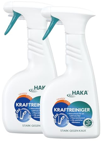 HAKA Kraftreiniger Spray, 2x 500ml, Badreiniger, starke Kalk- und Schmutzlösekraft, für Bad und Dusche, umweltfreundlich, Orangenduft, vegan