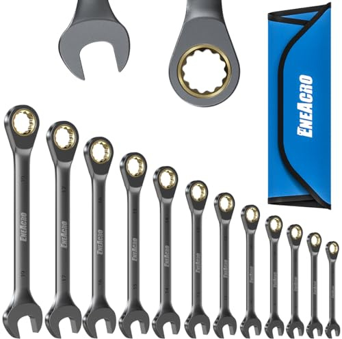 ENEACRO 12-teilig Ringratschenschlüssel Set, 6-19mm, Anti-Rutsch Ringmaulschlüssel, Gabelschlüssel-Ringmaul-Schlüssel-Set，72-Zähne, Cr-V Stahl, Vernickelt, mit Rolltasche