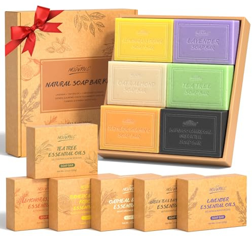 Naturseifen-Geschenkset, Unisex-Badeseife, mit Lavendel, Teebaum, Zitronengras, Orange, Hafer, Mandel, Bambuskohle, Kojisäure, Kurkuma, Bio-Seife 6x100g, Mama-Seifen-Geschenkset