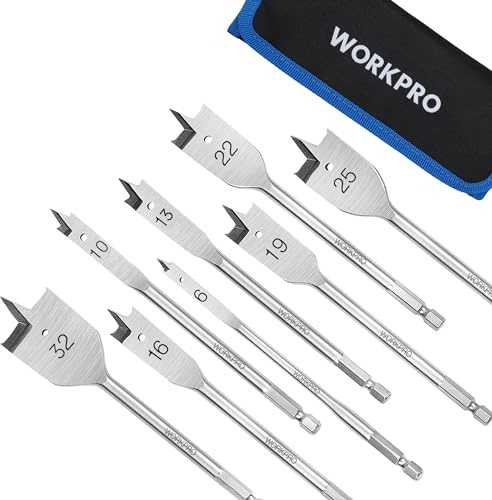 WORKPRO 8tlg. Flachfräsbohrer Set, 1/4 Sechskantschaft, 6mm/ 10mm/ 13mm/ 16mm/ 19mm/ 22mm/ 25mm/ 32mm, Länge 152mm, Flachfräser holz mit Aufbewahrungstasche