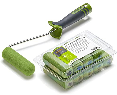 Colorus Lackierwalzen Set 10x Schaumstoff Lackierwalze 11 cm rund inkl. Farbwalzenbügel – Lackrolle für wasserbasierte & lösemittelhaltige Lacke – Türen, Möbel & Glatte Flächen