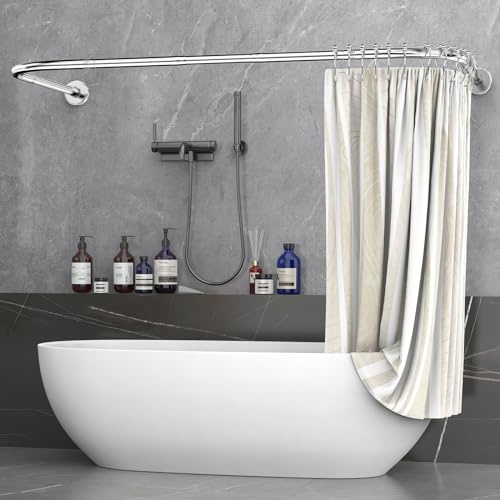 Misounda Duschvorhangstange U Form und L Form, 304 Edelstahl Rostfrei Eckduschstange für Badewanne und Dusche, Verstellbare Duschvorhang Halterung, Inklusive 24 Haken, Tragkraft 25kg, Silber