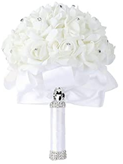 Wambere Hochzeits-Brautstrauß mit Blumen Kristall-Diamant-Schaumstoff-Rosen,Brautstrauß Rosen,Hält Blumen mit schönem Band, Brautjungfer, Hochzeitsstrauß, künstliche Seidenblumen, Handhaltung,Weiss