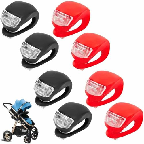 Calenxy 8 Stück Kinderwagenlicht Silikon mit Batterie und 3 Leuchtfunktionen, Kinderwagenlicht Mehrzweck Wasserdichtes LED Rucksacklicht, LED Warnlicht Rollerlicht für Kinderwagen Outdoor Läufer