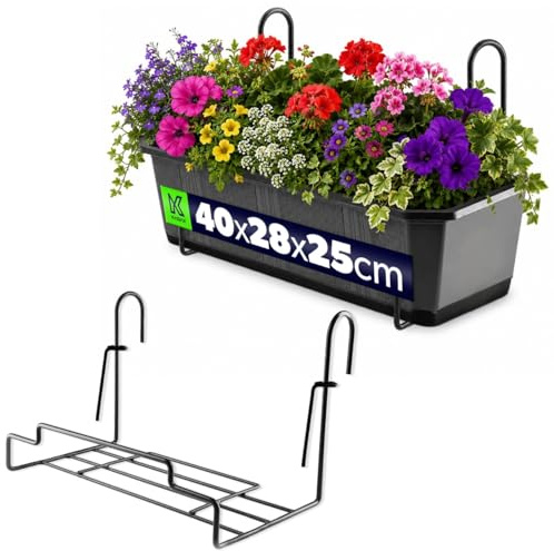 KADAX Blumentopfhalter für Geländer, Balkon, Terrasse, Blumenkasten, Innen und Außen, Pflanzenständer, Pflanzenhalterung aus Stahl, Blumenkastenhalter mit Haken, schwarz (Breite: 22 cm)
