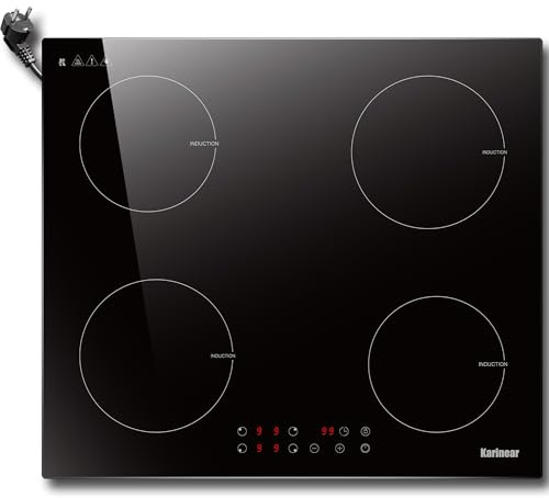 Karinear Induktionskochfeld 60 cm 4 Platten, Einbau Kochfeld Induktion mit Stecker, 3500W 9 Leistungsstufe, Timer, Kindersicherung, Automatische Abschaltung, 220-240V