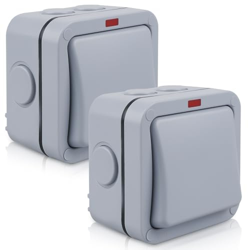 2 Stück Wetterfester Schalter Lichtschalter, 20A IP66 Wasserdichter Schalter mit Unabhängigem Schalter Und Kontrollleuchte, Outdoor Universalschalter Grau Aussen Switch für Outdoor Garten Balkon