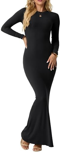 IWOLLENCE Bodycon Kleid Damen Langarm Maxi Dress Elegantes Figurbetontes | Geripptes Kleid Rundhals Langes Enges Kleid Sexy Damen Maxikleid