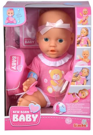 Simba 105030069 - New Born Baby Puppe, Vollvinylpuppe mit Trink- und Nässfunktion, mit Geburtsurkunde und Zubehör, 4 Teile, 30cm, Babypuppe, ab 3 Jahre