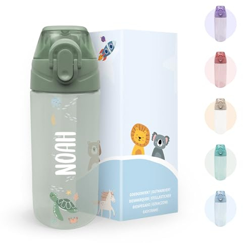gutmarkiert Kindertrinkflasche personalisiert - BPA-frei 450 ml Salbeigrün | Auslaufsichere Flasche mit Strohhalm und Namen - spülmaschinenfest - robust - für Jungen und Mädchen - Motiv nach Wahl