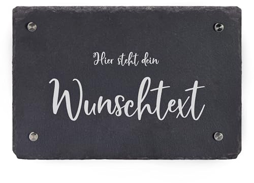 LAUBLUST Türschild Schiefer Personalisiert - Wunschtext, 8 Schriften Wählbar - Haustürschild mit Name - 3 Größen, 4 Edelstahl Wandhalter