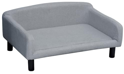 PawHut Hundesofa mit Rückenlehne für mittle Hunde 82 x 54 x 36 cm Hellgrau | Hundebett, Hundecouch aus Samt, Holzbeine, Katzensofa