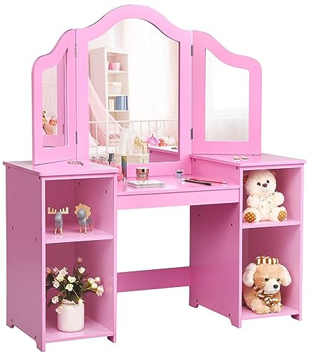 DREAMADE 2 in 1 Kinder Schminktisch mit abnehmbarem Spiegel, Prinzessin Frisiertisch aus Holz mit 4 offenen Ablagefach, Kinderschminktisch für Kinder Mädchen (Rosa-ohne Box & Hocker)