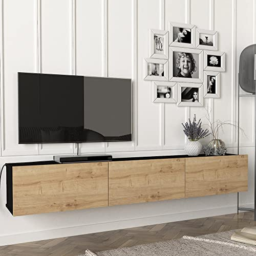 [en.casa] Fernsehschrank Vihti mit 3 Staufächern Lowboard 180x31x29,5cm Hängeboard schwebend Schwarz/Eiche