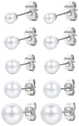 PlandleLee 5 Paar Perlenohrringe Silber 925, Perlenohrringe, Weiße Perlenohrstecker, Damen Ohrstecker, Perlen Ohrringe Damen, Perlenohrstecker mit echten Perlen, Ohrringe Set für Mädchen, 4-8mm