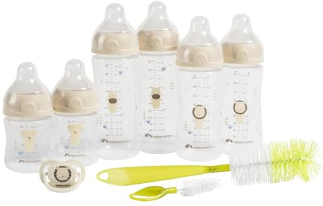 Bebeconfort Physio Air komplettes Flaschenset, Babyflaschen, 0+ Monate, mit 6 Babyflaschen, einem Schnuller und 2-in-1-Flaschenbürste, physiologisch geformte Schnuller und Sauger, Anti-Kolik-Ventil