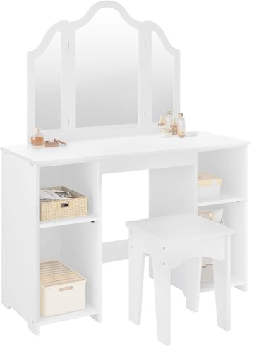 WOLTU Kinder Schminktisch mit Hocker Spiegel, Abnehmbarer Dreifachspiegel, Kleiner Frisiertisch mit 4 offenen Fächern, verstellbare Einlegeböden, Mädchen Kosmetiktisch, weiß, MDF, MB6120ws