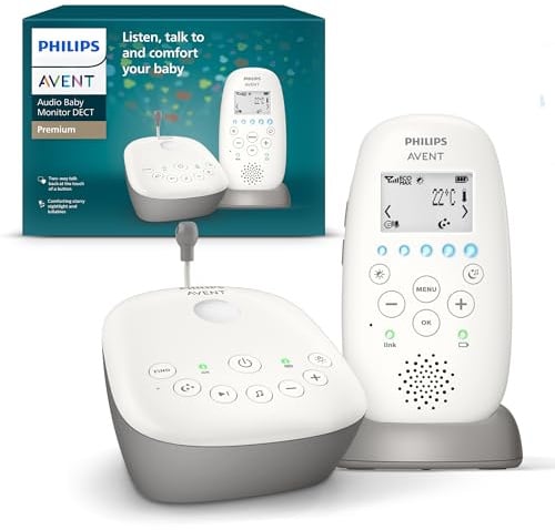Philips AVENT Audio Babyphone, DECT-Technologie, Eco-Mode, Sternenhimmel, Gegensprechfunktion, Schlaf- und Nachtlieder, 18 Std. Laufzeit, maximale Reichweite, weiß (Modell SCD733/26)