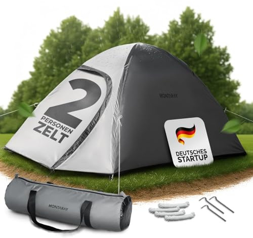 MONTARAY Zelt 2 oder 4 Personen Doppelwandiges Campingzelt mit Mückenschutz schneller Aufbau, wasserdicht, winddicht & atmungsaktiv, leicht, faltbar inkl. Tragetasche ideal für Camping & Festival Grau
