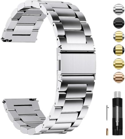 Fullmosa Uhrenarmband 22mm Edelstahl für Traditonale Uhren und Smartwatchs | Silber Metallarmband mit Schnellverschluss für Damen Herren Wechsel Ersatzband，22mm