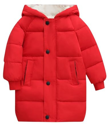 XINYUNZU Kinder Wintermantel Daunenmantel Warm Puffer Mantel mit Kapuze Einfarbig Daunenjacke Lang Winterjacke Outdoor Mäntel für Mädchen und Jungen 3-9 Jahre Alt Rot 4 Jahre