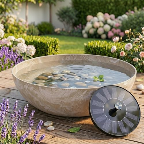 matches21 HOME & HOBBY Outdoor Solarbrunnen Set mit Akku - 45 cm Schale bauchig Sand-beige mit schwimmender Solarfontäne