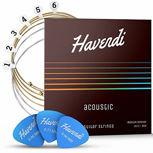 HAVENDI® Gitarrensaiten I Gitarrensaiten Westerngitarre für brillante Klangqualität I Langlebige Stahl Saiten mit Phosphor Bronze Ummantelung inkl. 3 Plektren