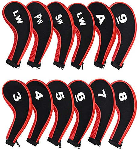 12 Stück Schlägerkopfhüllen für Eisen Schlägerhauben Golf Langer Hals Anzahl Print mit Reißverschluss Headcover Golfschläger