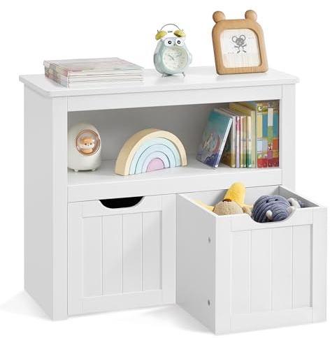 VASAGLE Kinderregal, Spielzeugaufbewahrung für Kinder, Aufbewahrungsschrank, Spielzeugschrank, Aufbewahrungsbox mit Rollen, Spielzeugregal, Kinderzimmer, 29,7 x 72,2 x 60 cm, wolkenweiß LHS280WB01