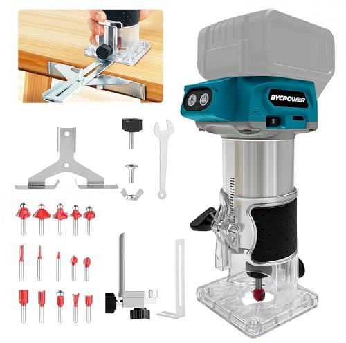 bycpower Akku Oberfräse für Makita 18V Akku, 800W Akku-Kantenfräse Set mit 5 Geschwindigkeit, 30000 U/min Bürstenloser Multifunktionsfräse Tragbarer Handfräser mit 15 Stück 1/4 Fräser Set(Ohne Akku)