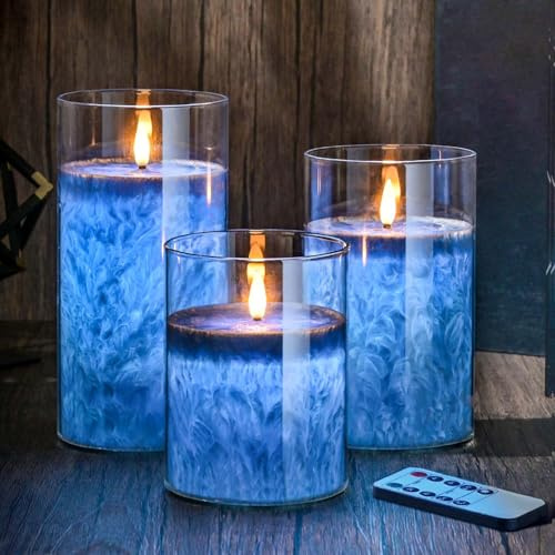 MOZC LED kerzen flackernde flamme, LED kerze mit Timerfunktion im Glass, Elektrische Echtwachskerzen mit Fernbedienung, 3 teilige Flammenlose Kerzen für Deko Schlafzimmer, Badezimmer Deko